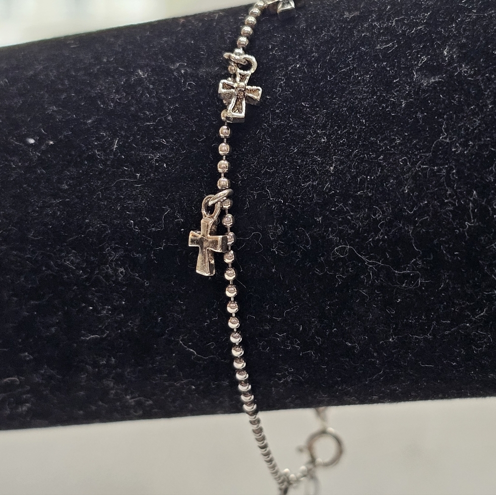 Cross Charm Bracelet with Crystal Charm 925 Silver Bead Adjustable Length - Picture 2 of 15